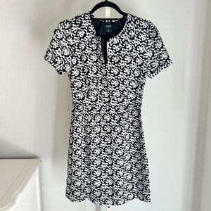 J. Crew B/W Ribbon Bow Print Chiffon Peter Pan Collar Fitted Dress, Size 0, NWT